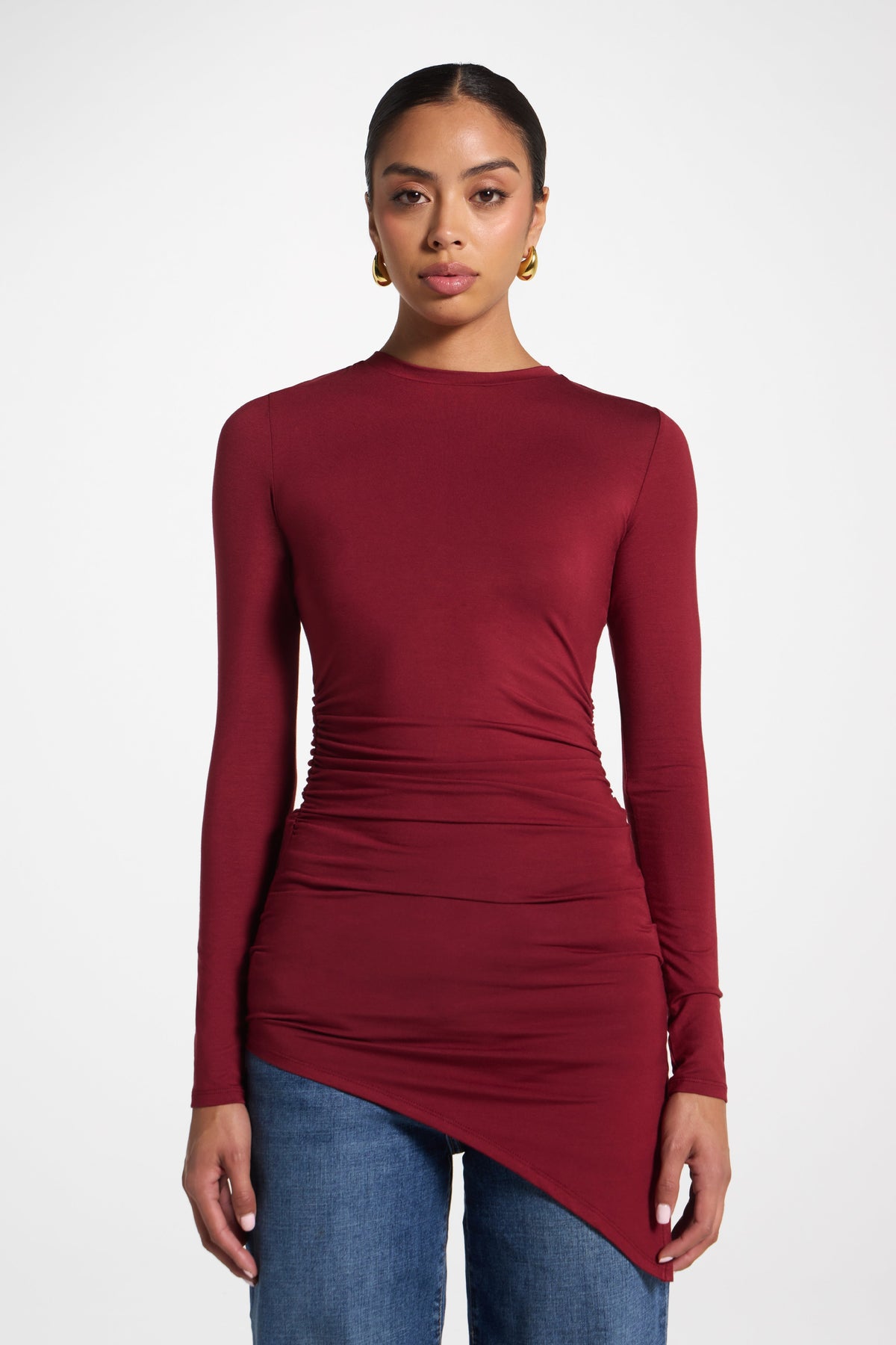 Asymmetric Rouched Bamboo Top - Cherry Lacquer