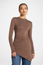 Asymmetric Rouched Bamboo Top - Chocolate