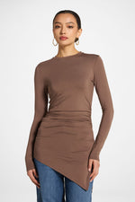 Asymmetric Rouched Bamboo Top - Chocolate