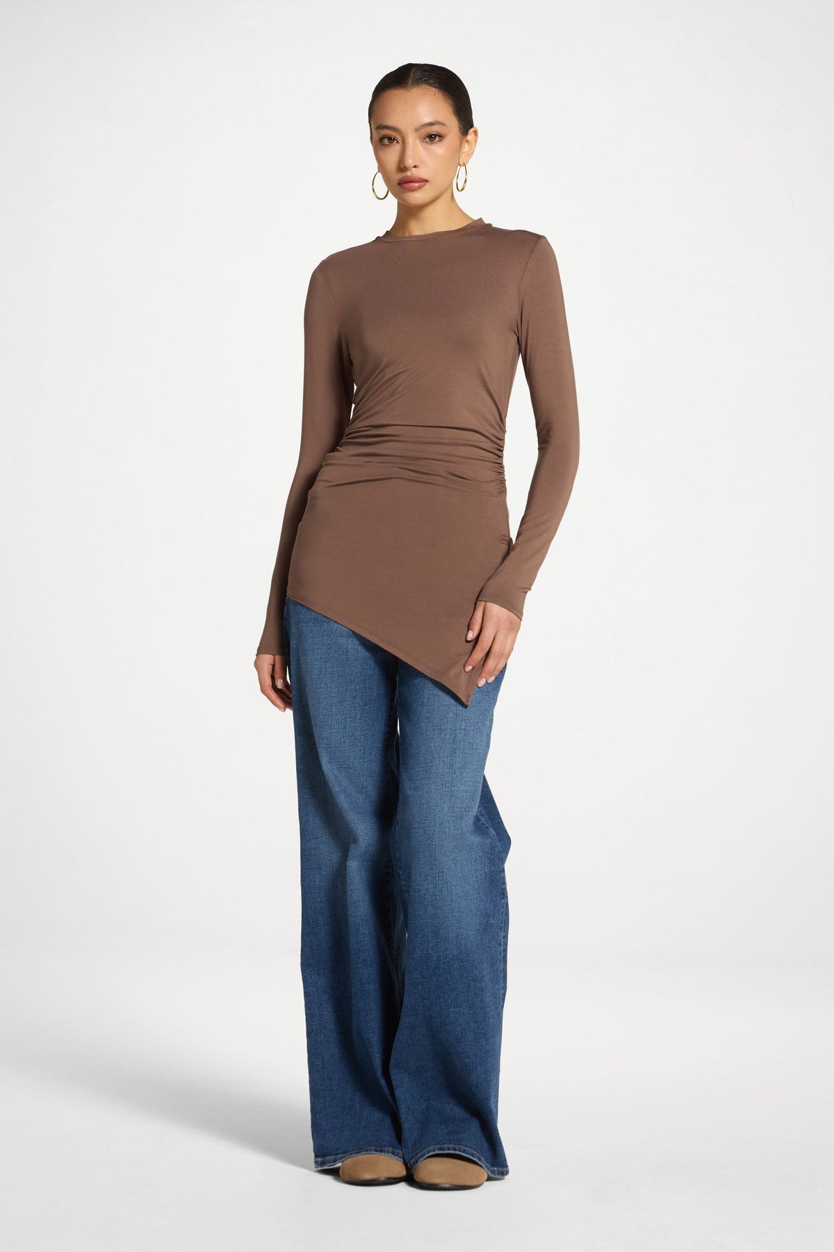 Asymmetric Rouched Bamboo Top - Chocolate