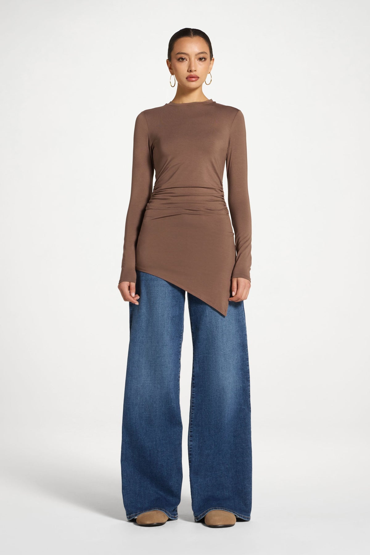 Asymmetric Rouched Bamboo Top - Chocolate