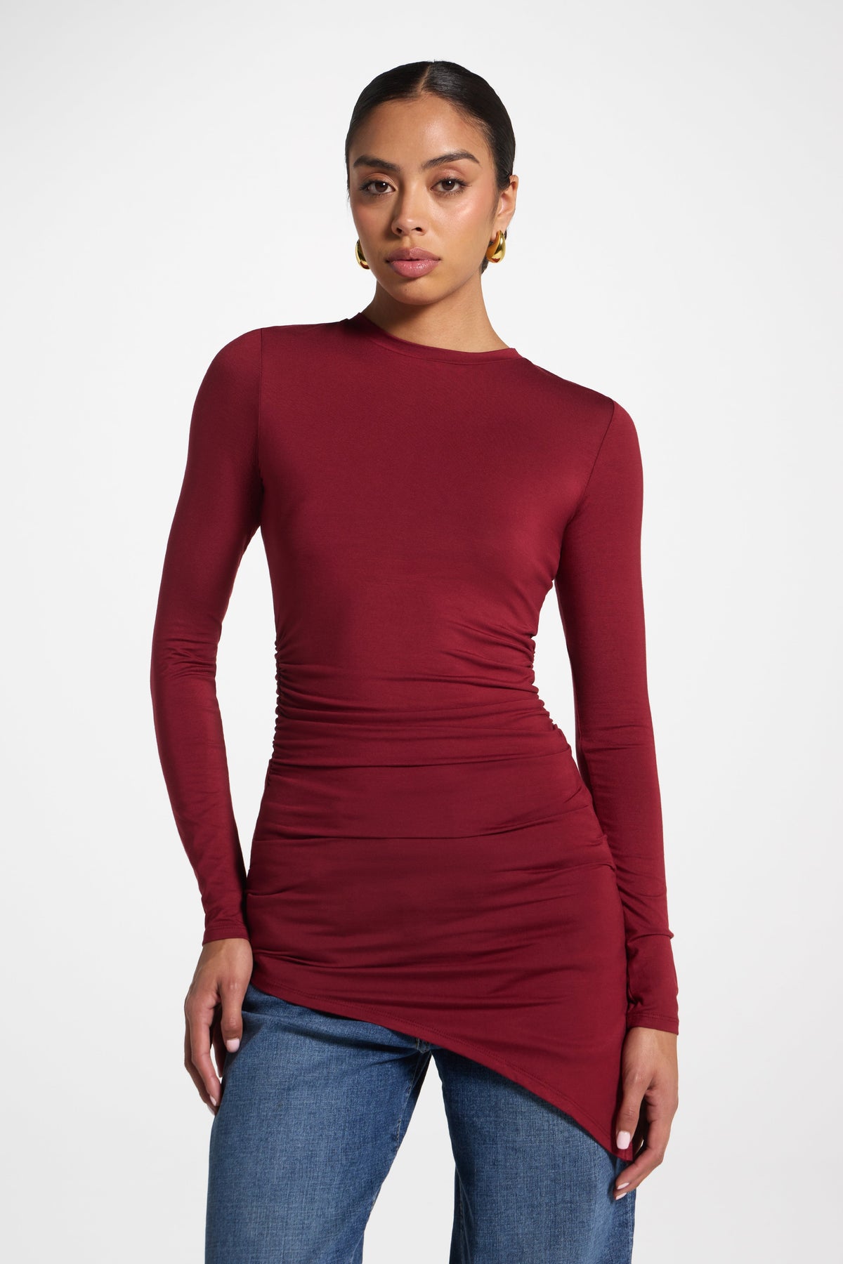Asymmetric Rouched Bamboo Top - Cherry Lacquer
