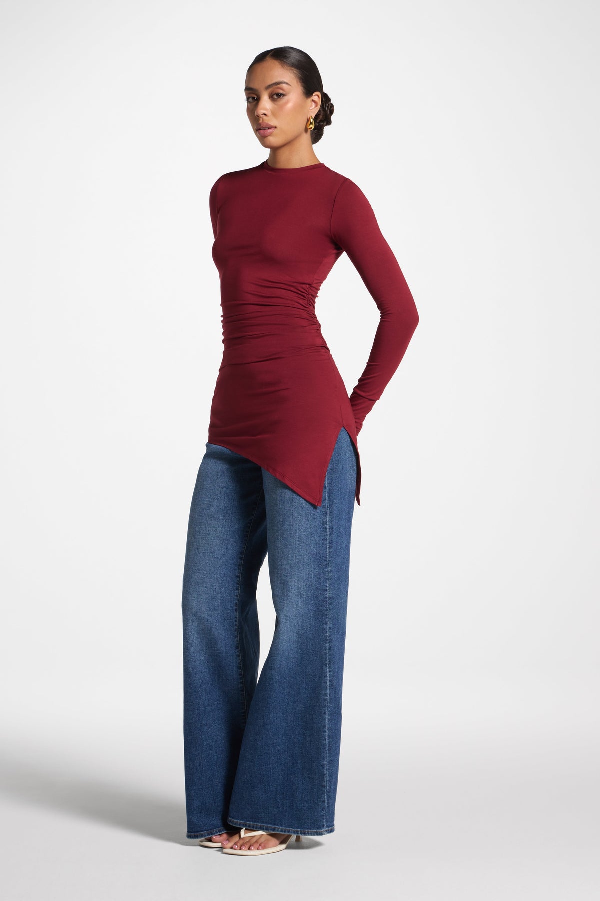 Asymmetric Rouched Bamboo Top - Cherry Lacquer
