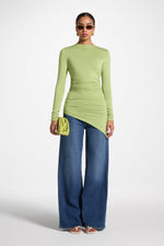 Asymmetric Rouched Bamboo Top - Matcha