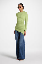 Asymmetric Rouched Bamboo Top - Matcha