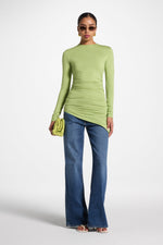 Asymmetric Rouched Bamboo Top - Matcha