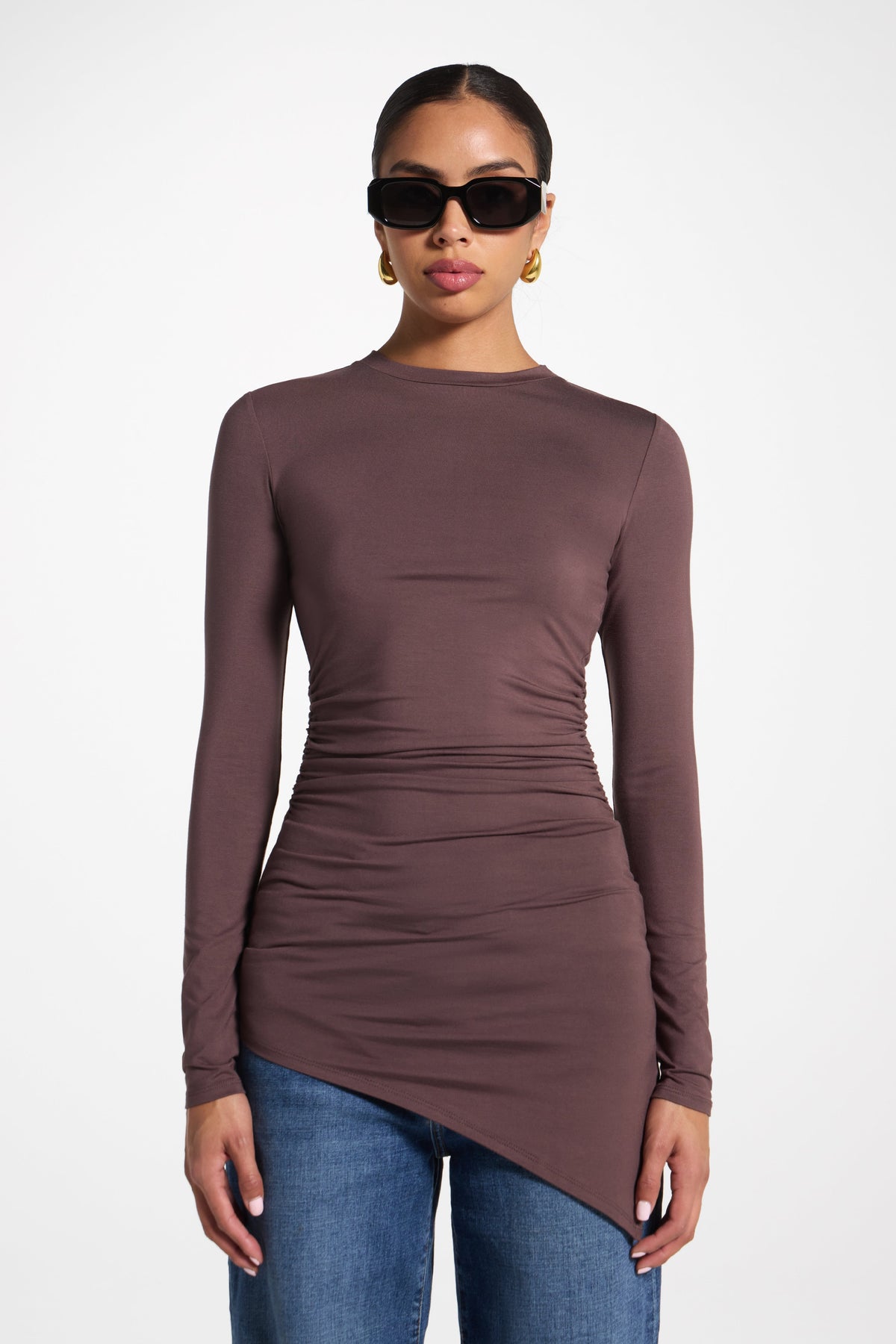 Asymmetric Rouched Bamboo Top - Peppercorn