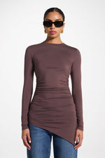Asymmetric Rouched Bamboo Top - Peppercorn