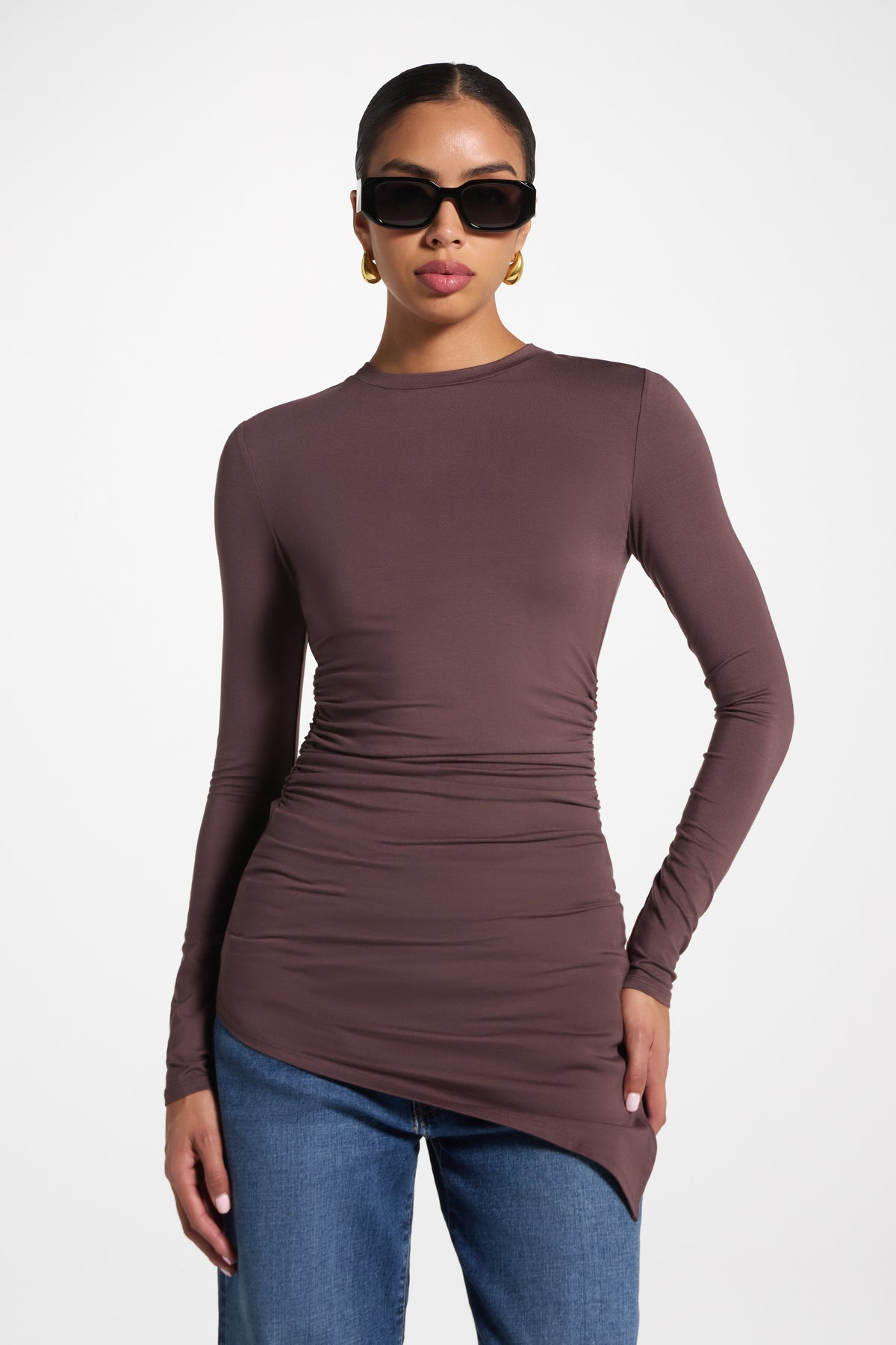 Asymmetric Rouched Bamboo Top - Peppercorn