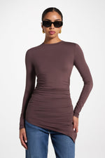 Asymmetric Rouched Bamboo Top - Peppercorn