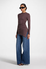 Asymmetric Rouched Bamboo Top - Peppercorn