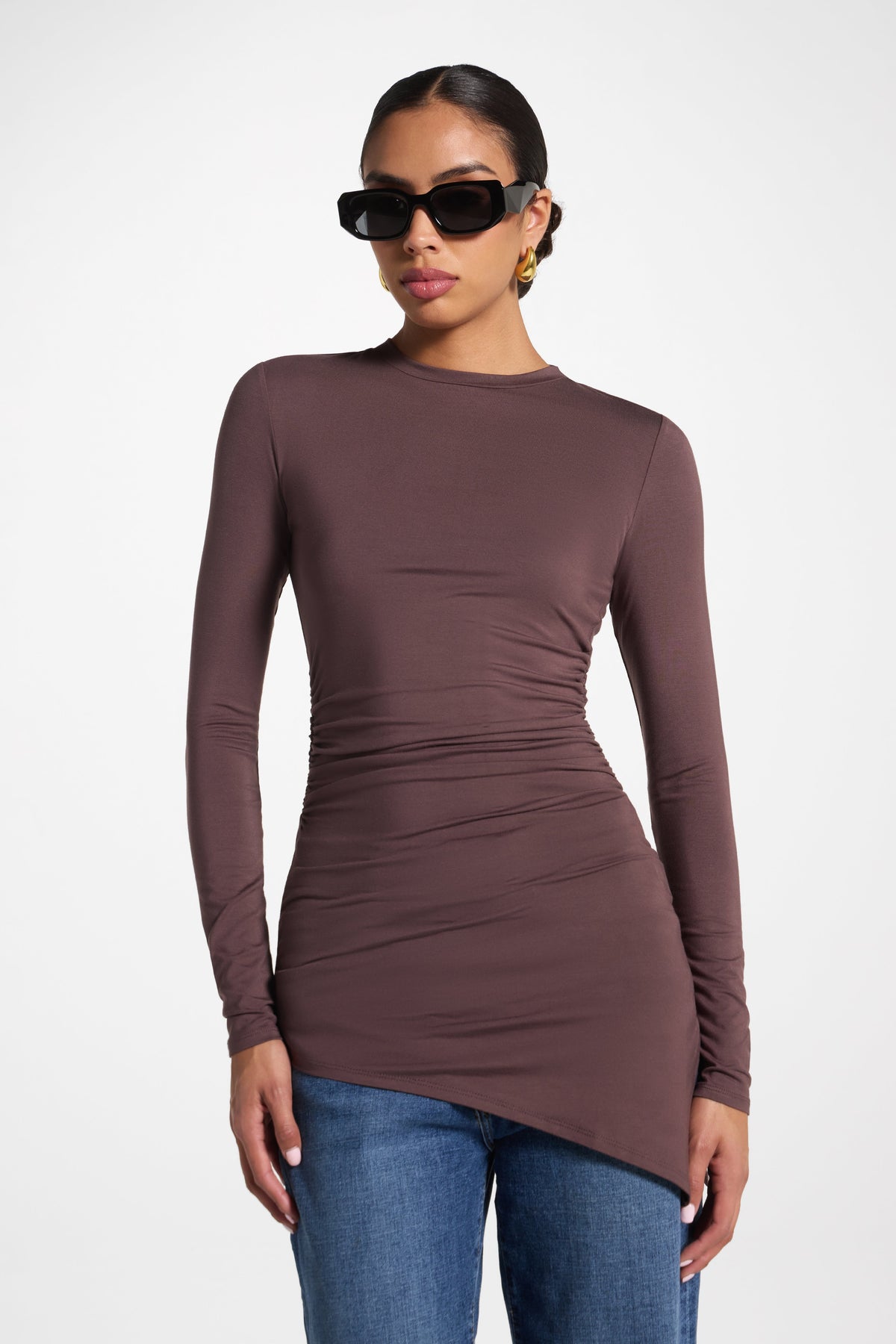 Asymmetric Rouched Bamboo Top - Peppercorn