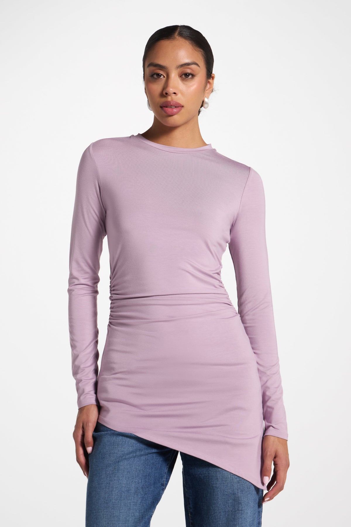 Asymmetric Rouched Bamboo Top - Smokey Lavender