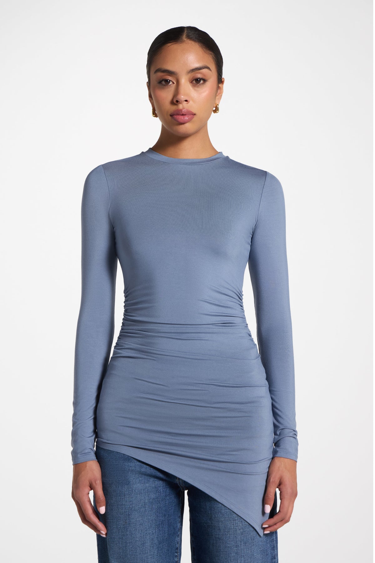 Asymmetric Rouched Bamboo Top - Steel Blue