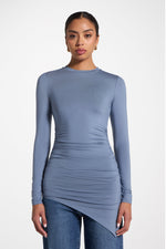 Asymmetric Rouched Bamboo Top - Steel Blue