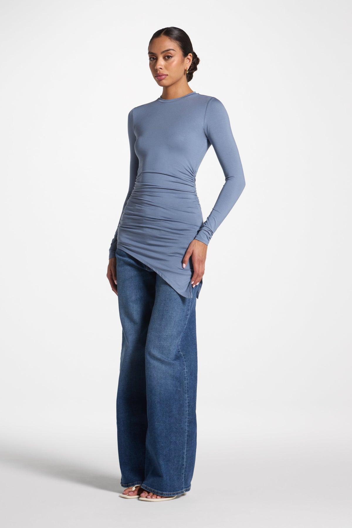 Asymmetric Rouched Bamboo Top - Steel Blue