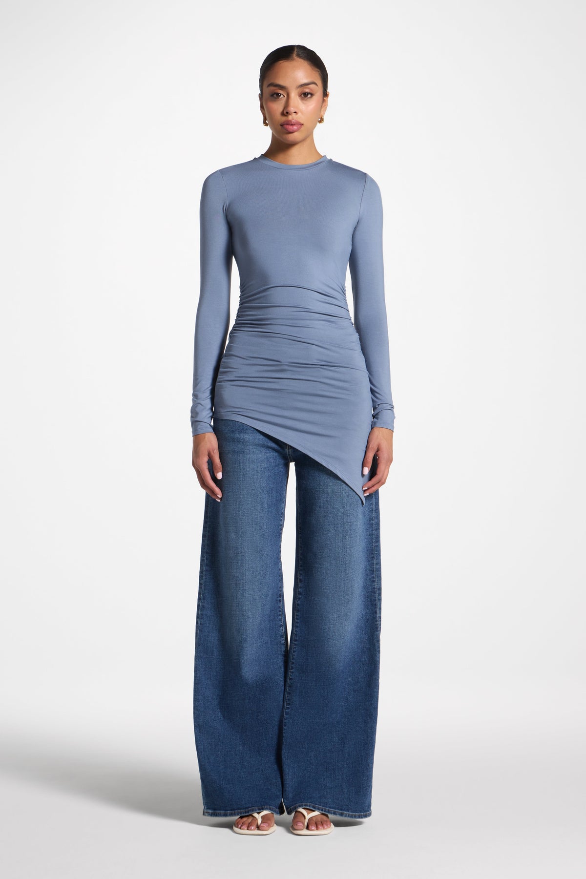 Asymmetric Rouched Bamboo Top - Steel Blue