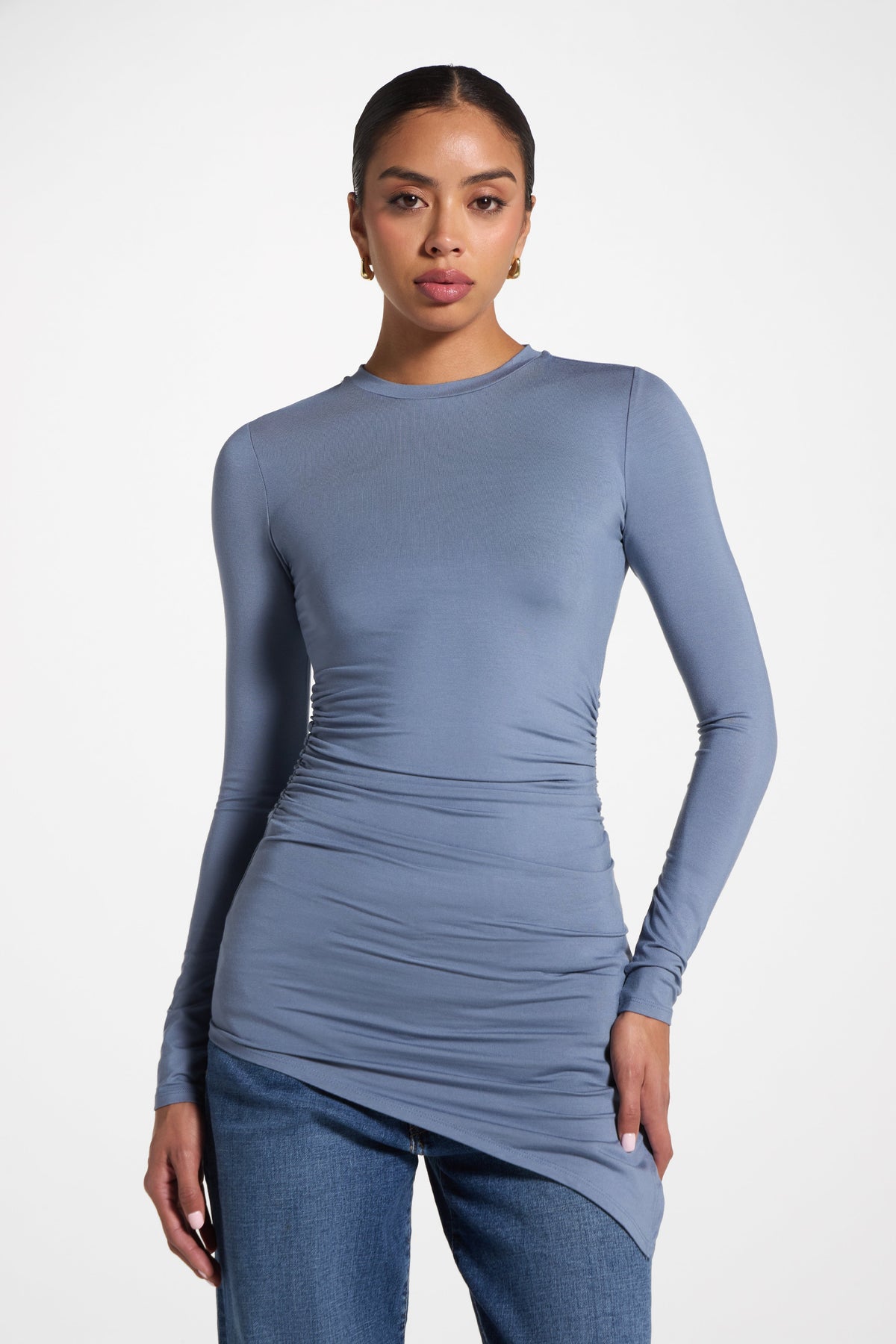 Asymmetric Rouched Bamboo Top - Steel Blue
