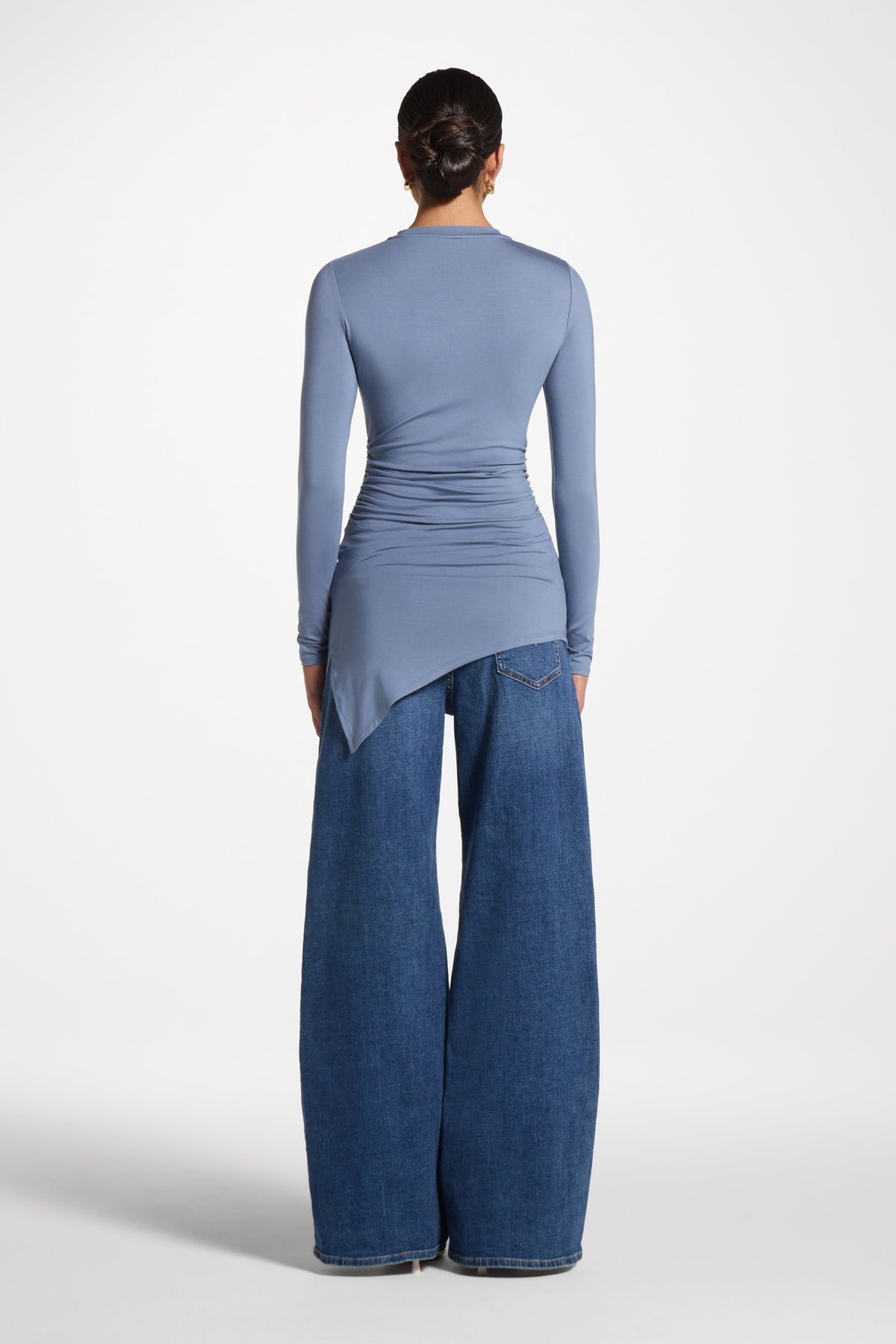 Asymmetric Rouched Bamboo Top - Steel Blue