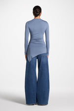 Asymmetric Rouched Bamboo Top - Steel Blue