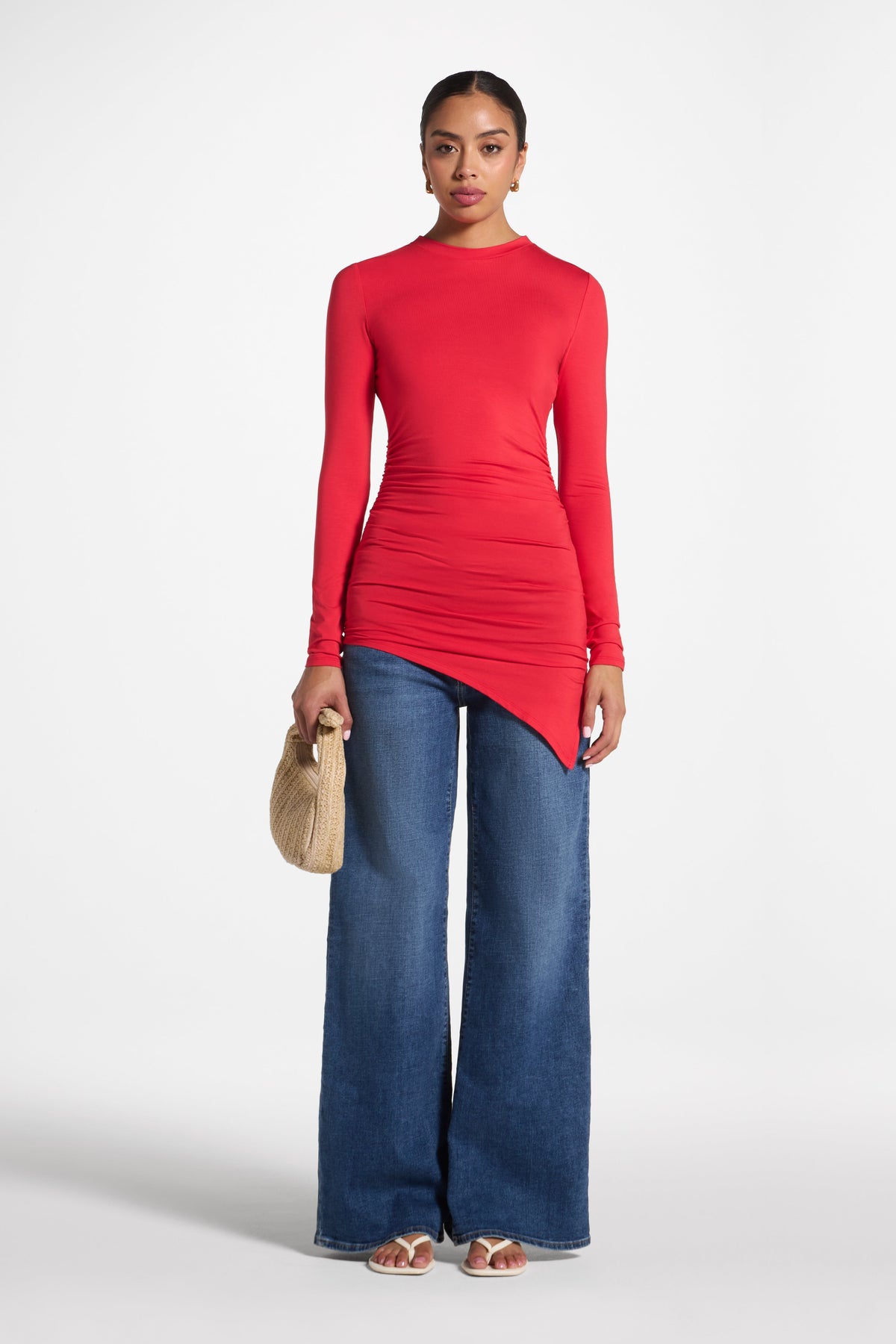 Asymmetric Rouched Bamboo Top - Strawberry