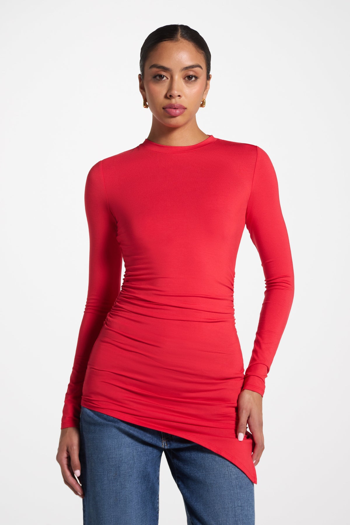 Asymmetric Rouched Bamboo Top - Strawberry