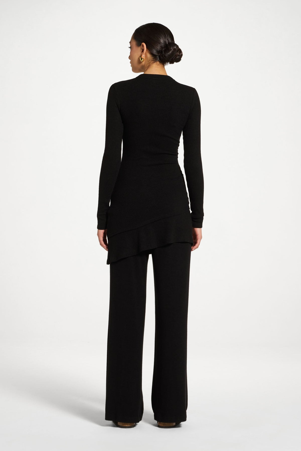 Asymmetric Rouched Knit Top - Black