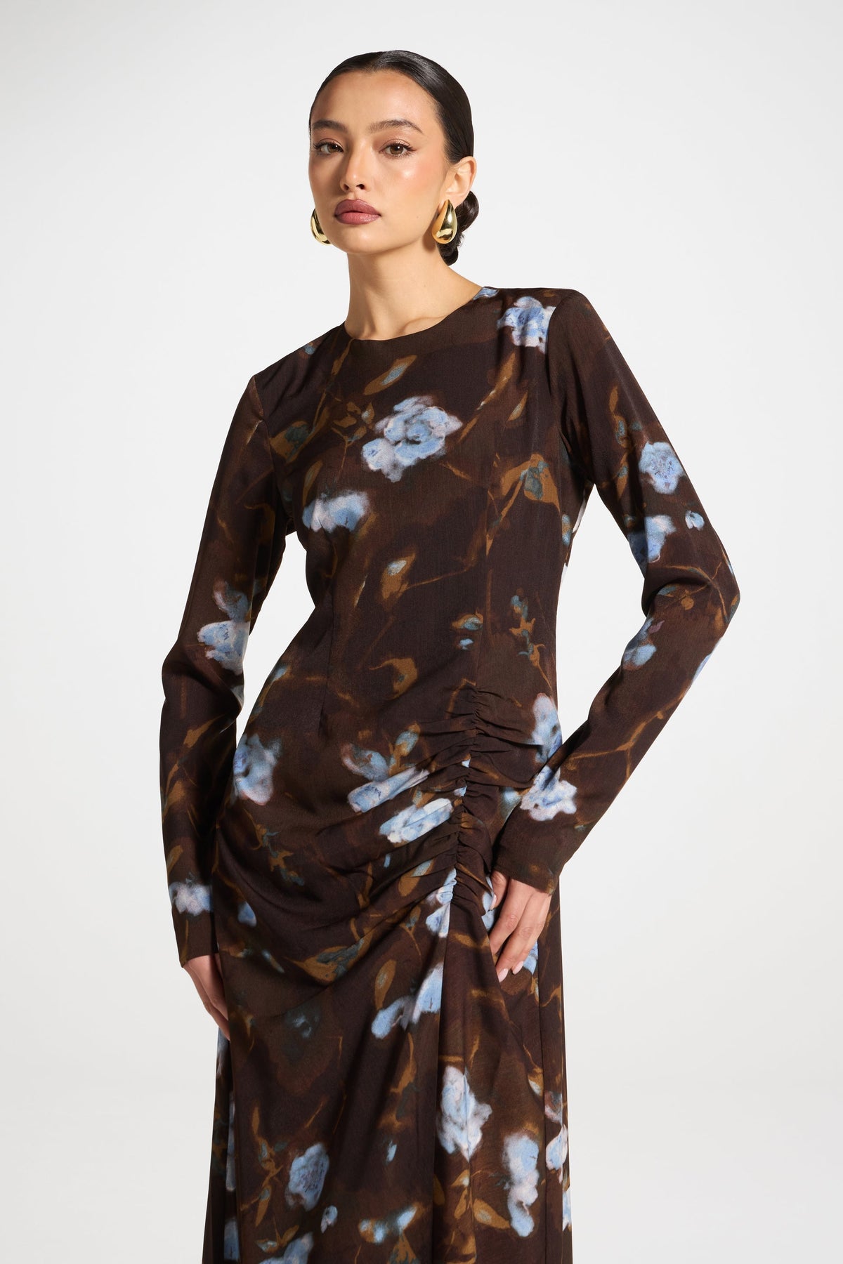 Asymmetric Rouched Maxi Dress - Cocoa Petals