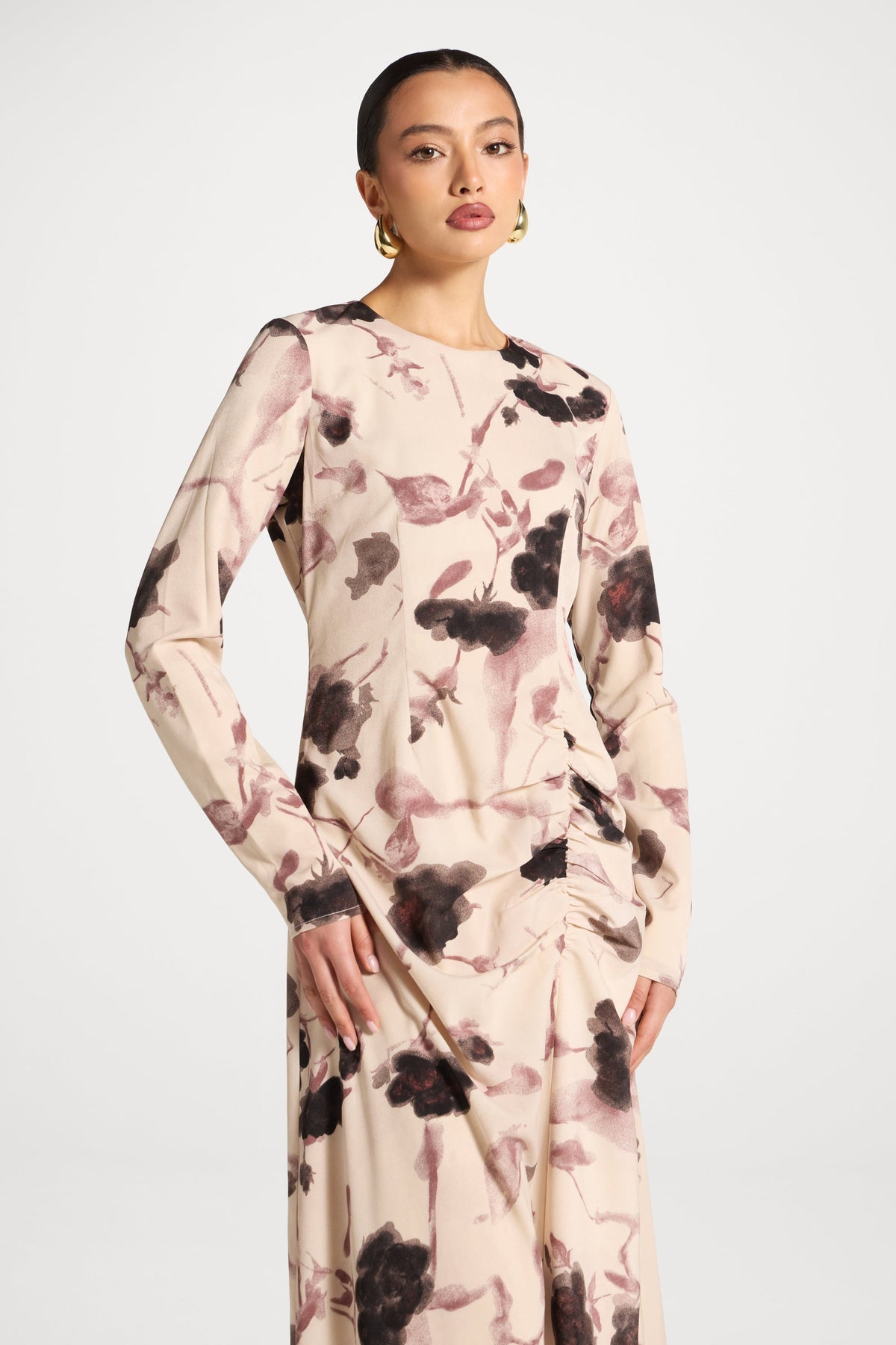 Asymmetric Rouched Maxi Dress - Vanilla Petals