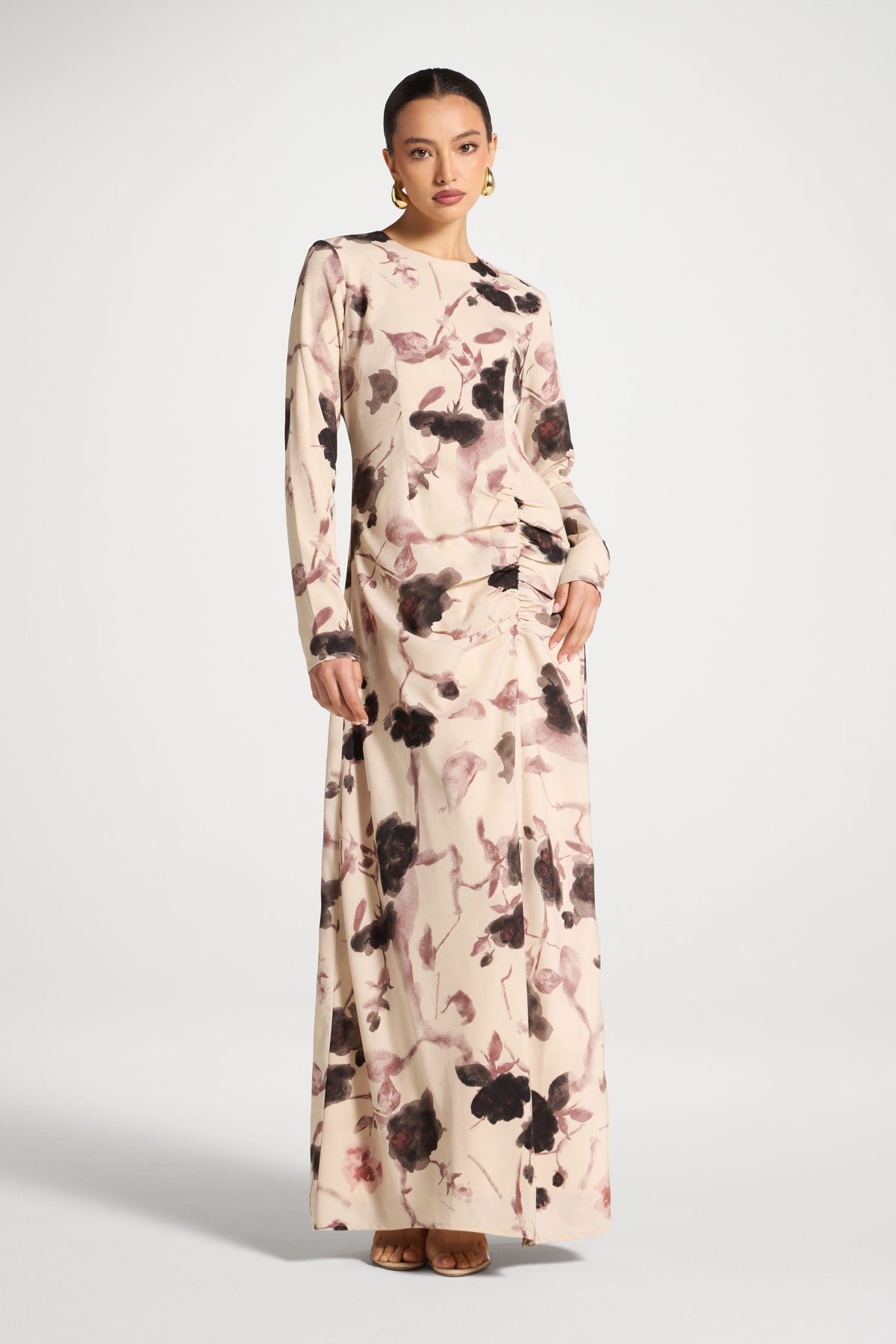 Asymmetric Rouched Maxi Dress - Vanilla Petals