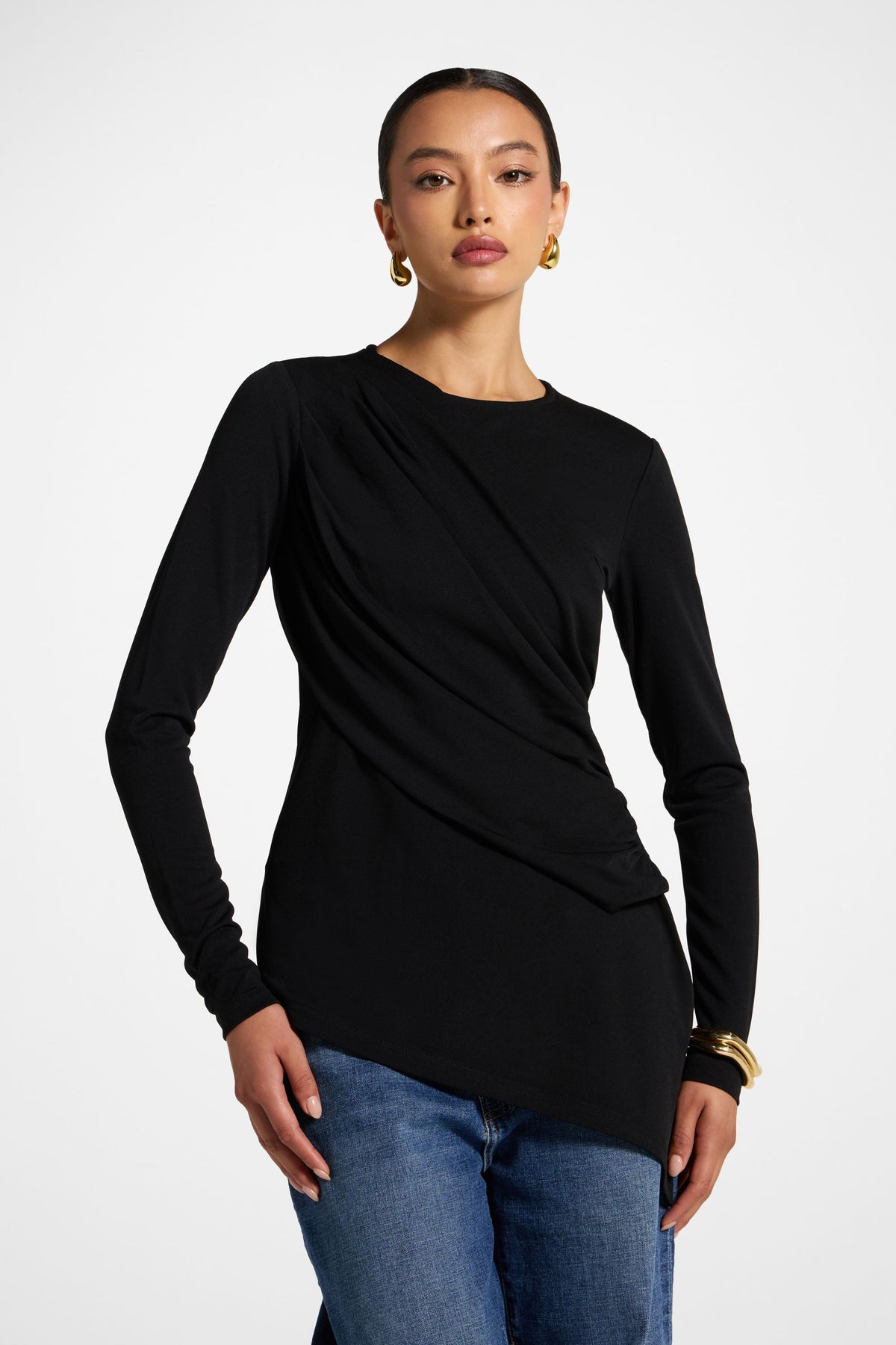 Asymmetric Rouched Shoulder Top - Black