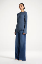 Asymmetric Ruffle Hem Knit Top - Denim
