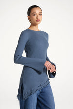 Asymmetric Ruffle Hem Knit Top - Denim