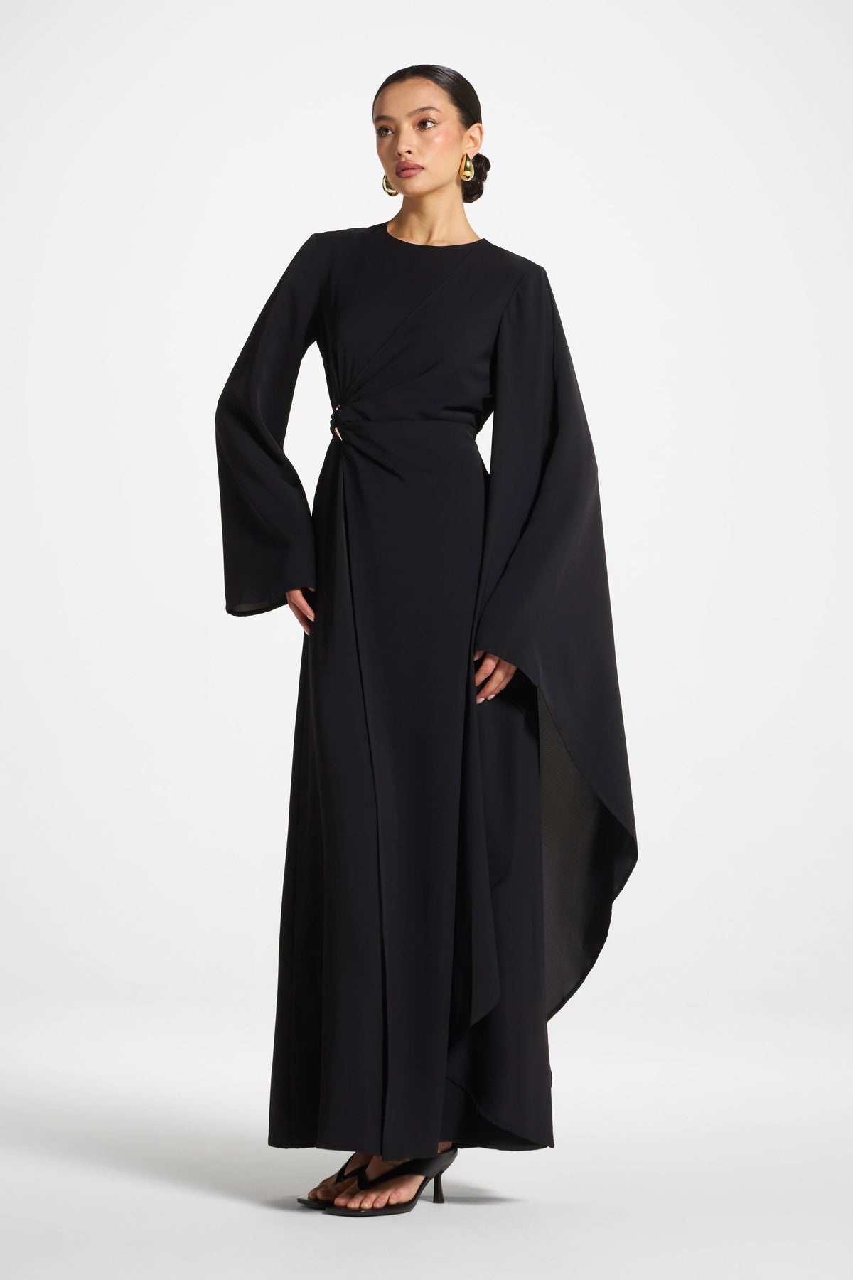 Asymmetric Sleeve Maxi Dress - Black