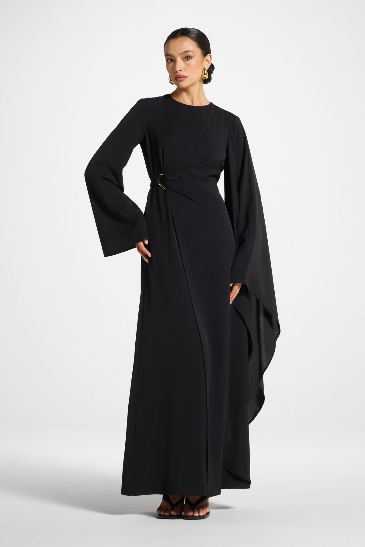 Asymmetric Sleeve Maxi Dress - Black