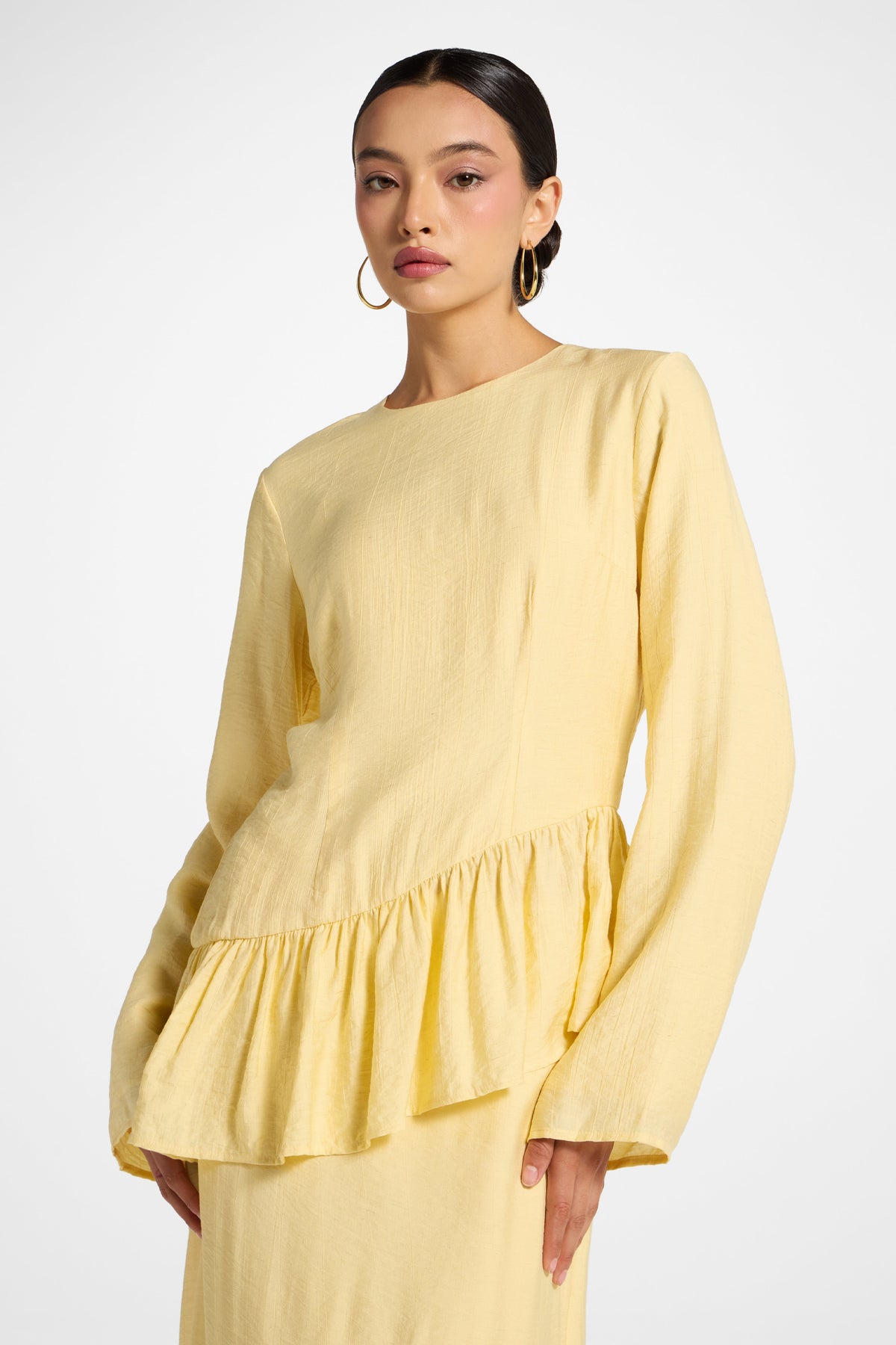 Asymmetric Textured Ruffle Top - Banana