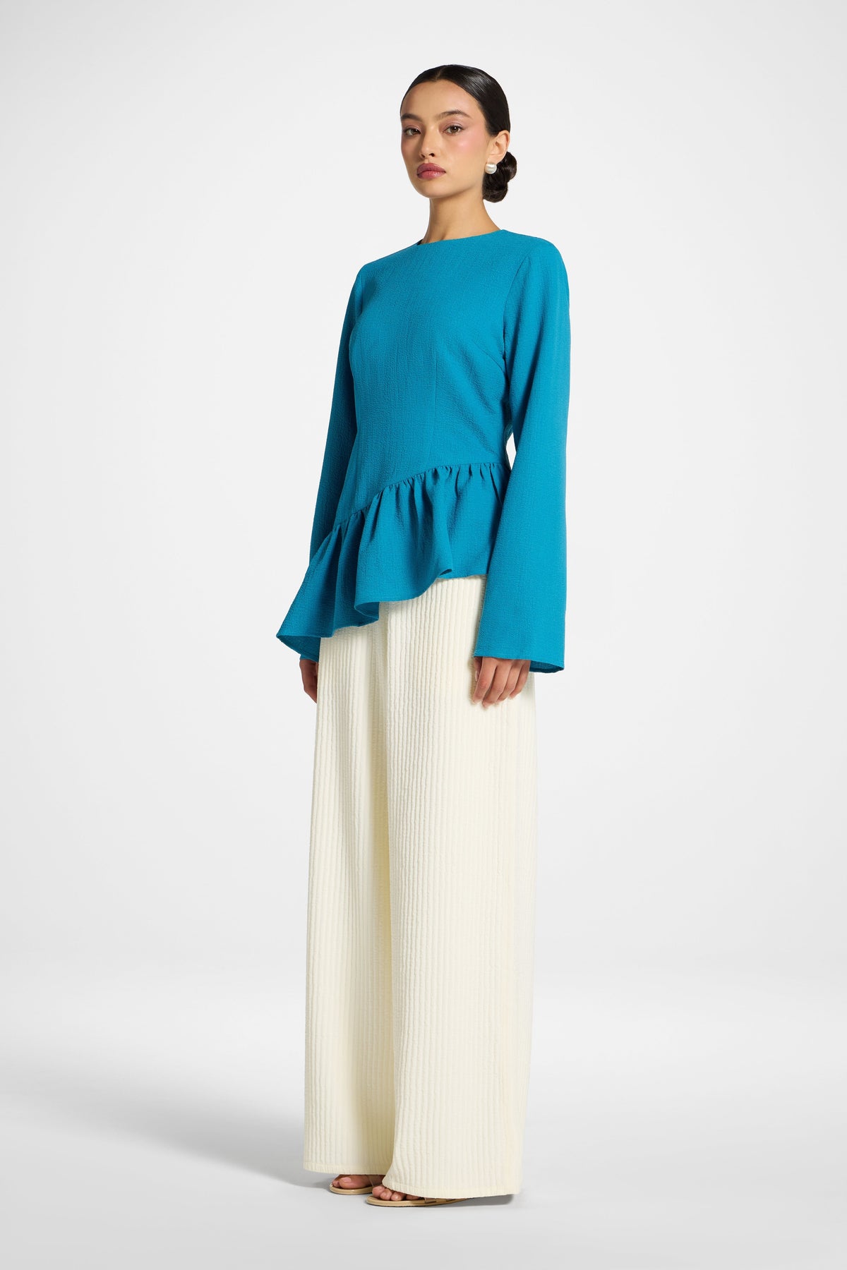 Asymmetric Textured Ruffle Top - Cerulean