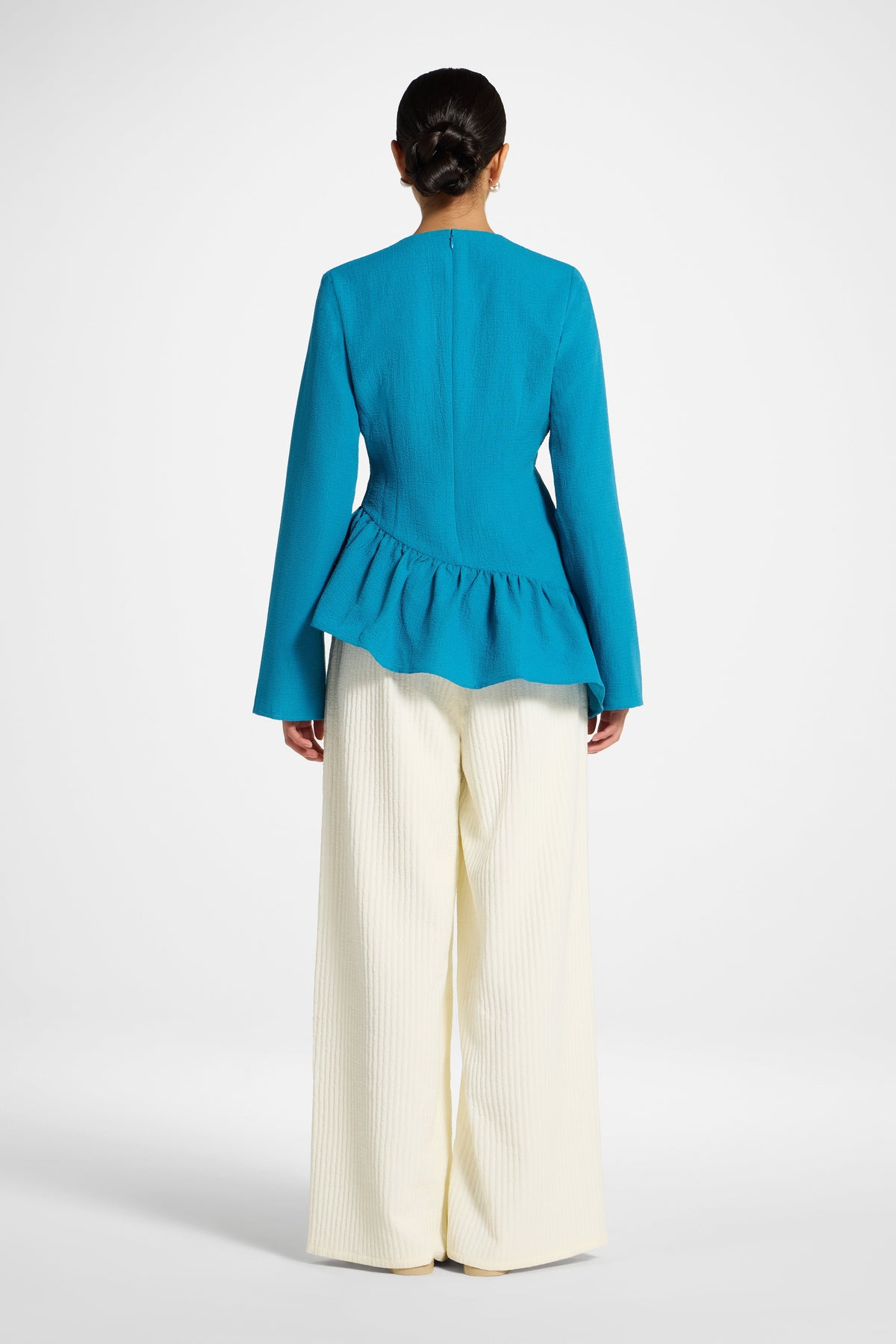 Asymmetric Textured Ruffle Top - Cerulean