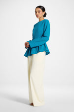 Asymmetric Textured Ruffle Top - Cerulean