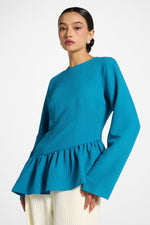 Asymmetric Textured Ruffle Top - Cerulean