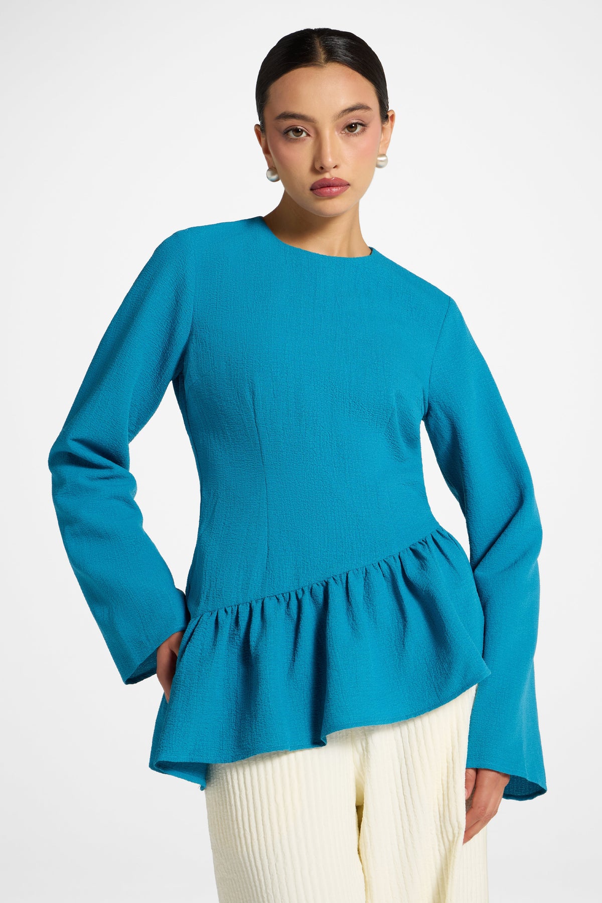 Asymmetric Textured Ruffle Top - Cerulean