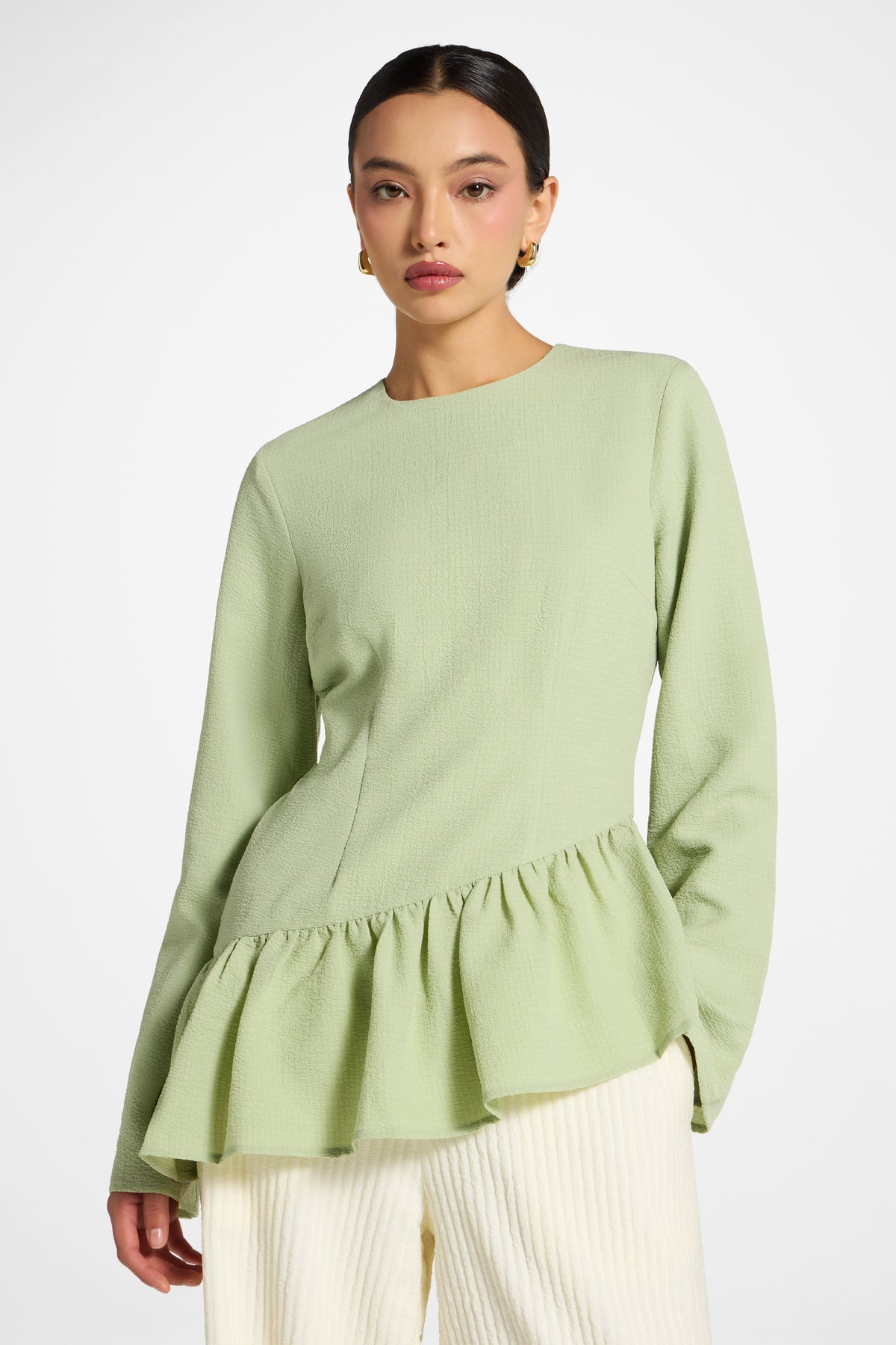 Asymmetric Textured Ruffle Top - Pistachio