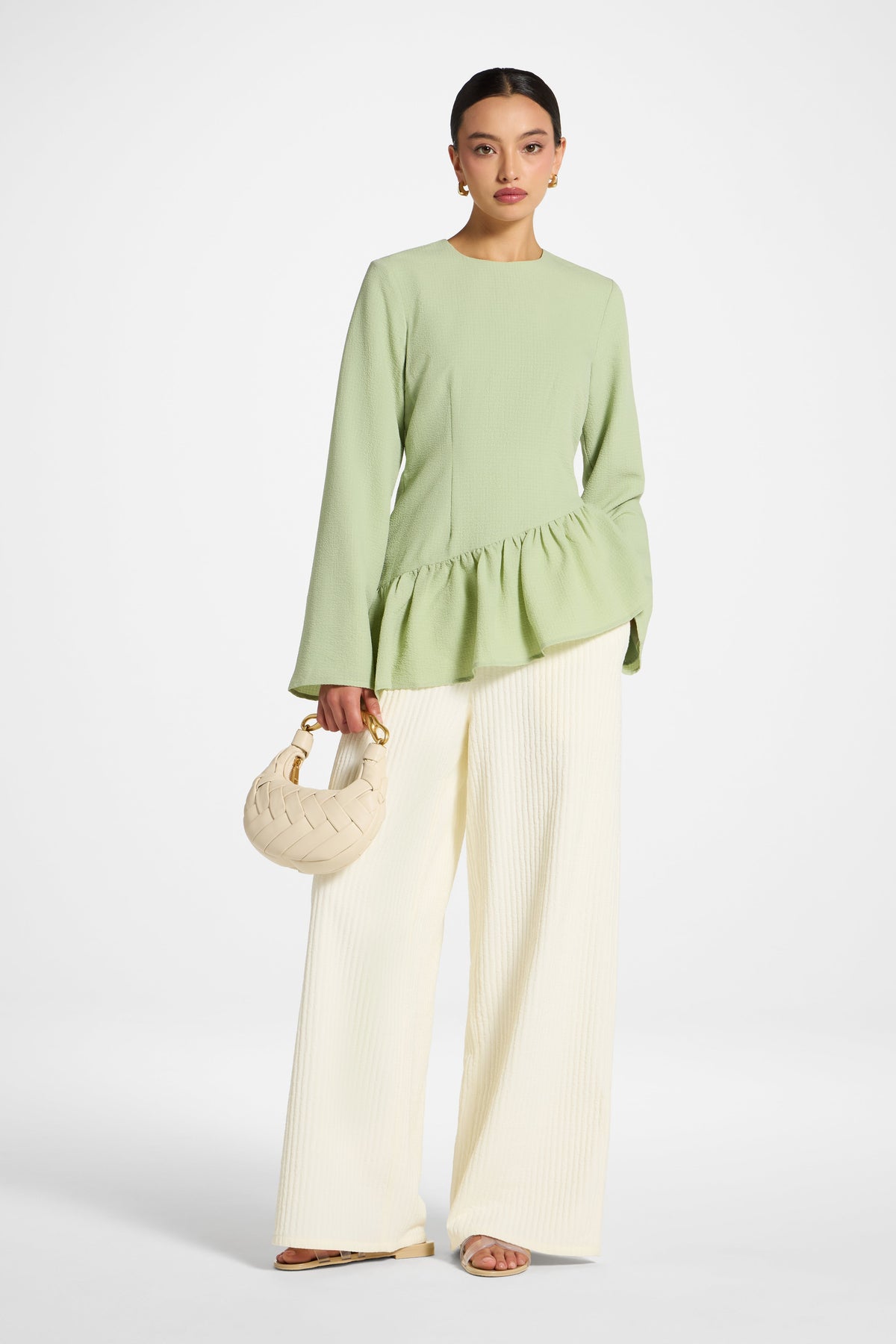 Asymmetric Textured Ruffle Top - Pistachio