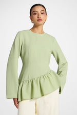 Asymmetric Textured Ruffle Top - Pistachio