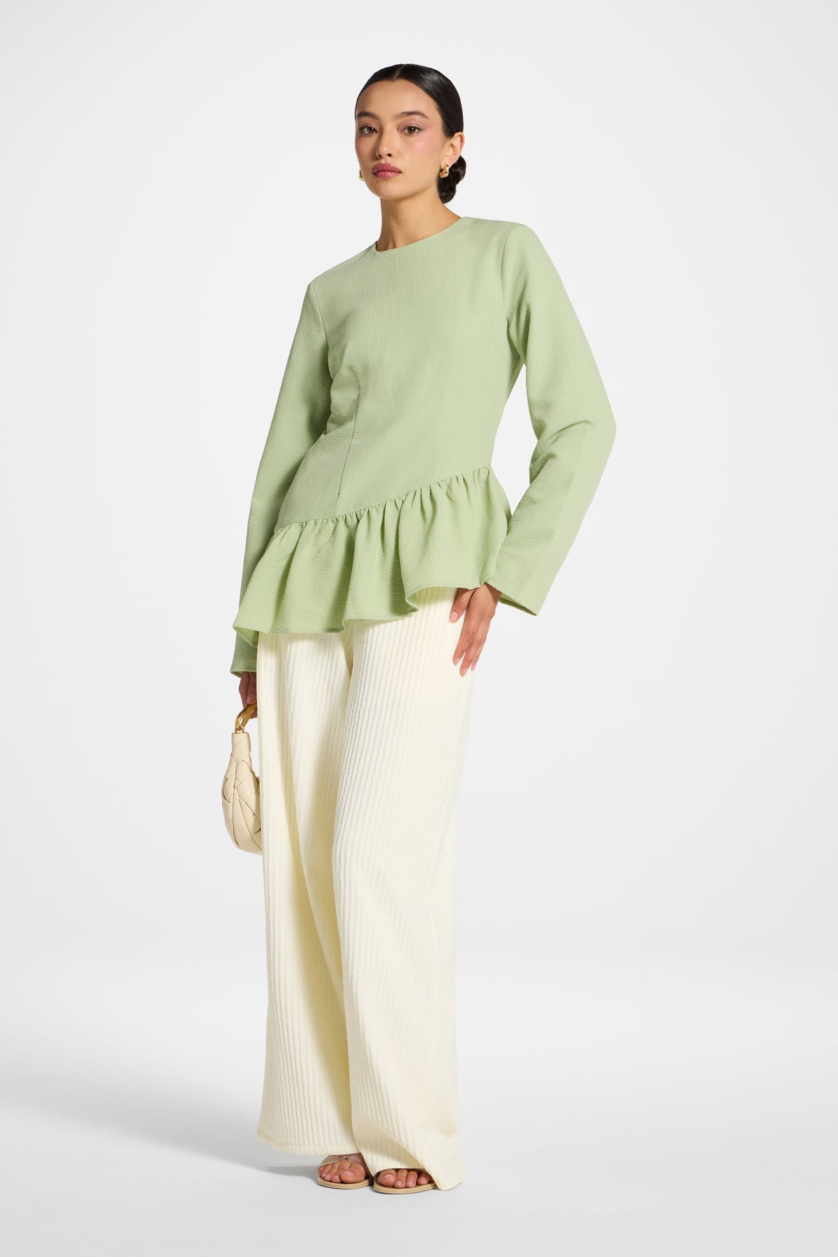 Asymmetric Textured Ruffle Top - Pistachio