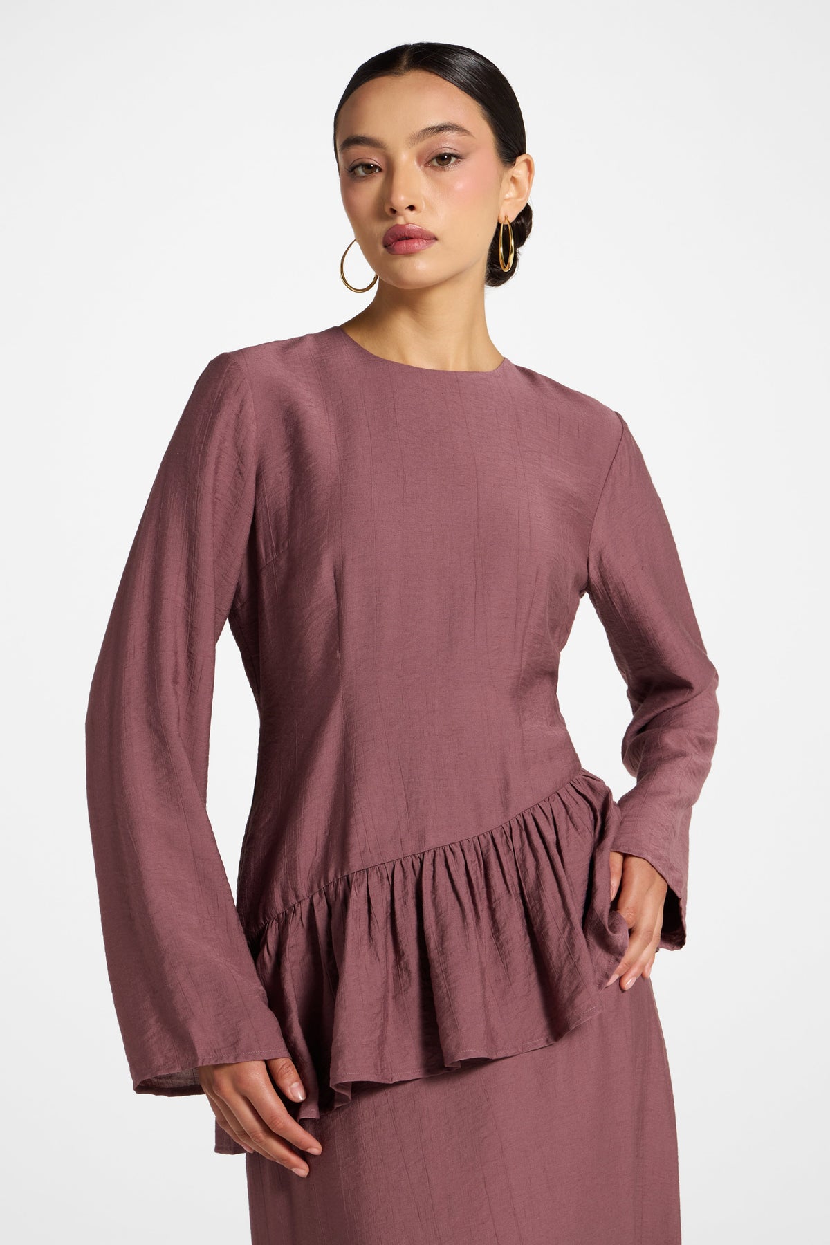 Asymmetric Textured Ruffle Top - Plum