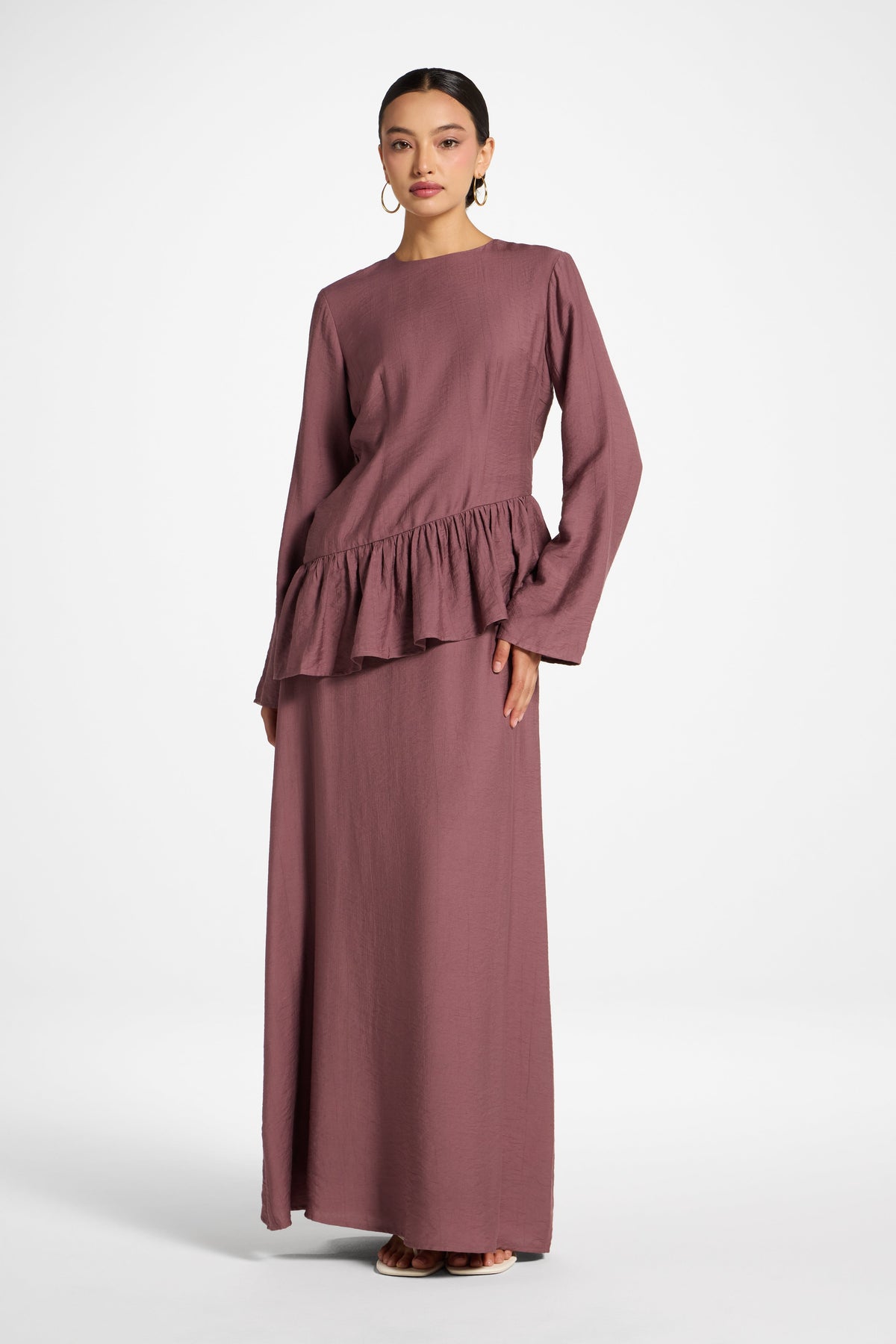 Asymmetric Textured Ruffle Top - Plum