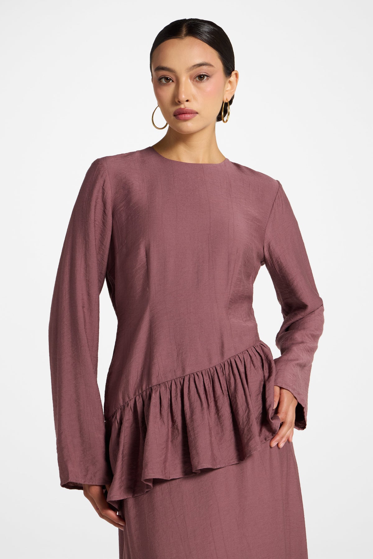 Asymmetric Textured Ruffle Top - Plum