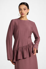 Asymmetric Textured Ruffle Top - Plum