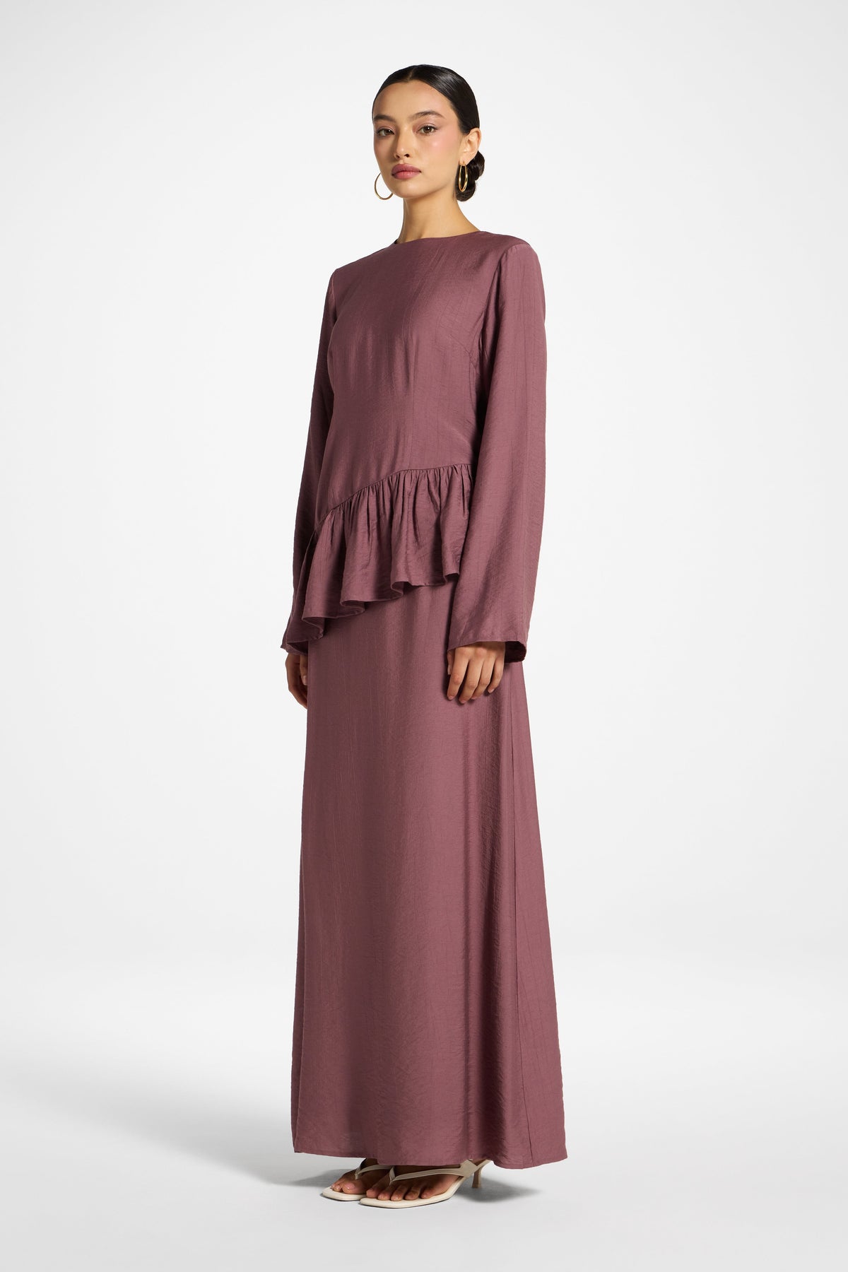 Asymmetric Textured Ruffle Top - Plum